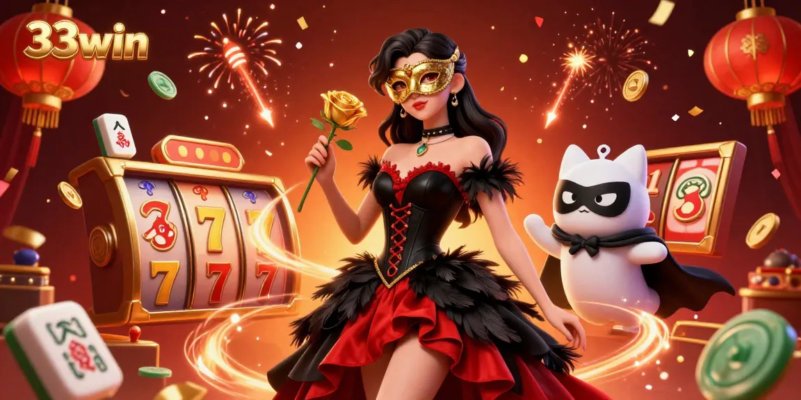 33win players celebrating with vibrant slot reels and dramatic casino atmosphere.