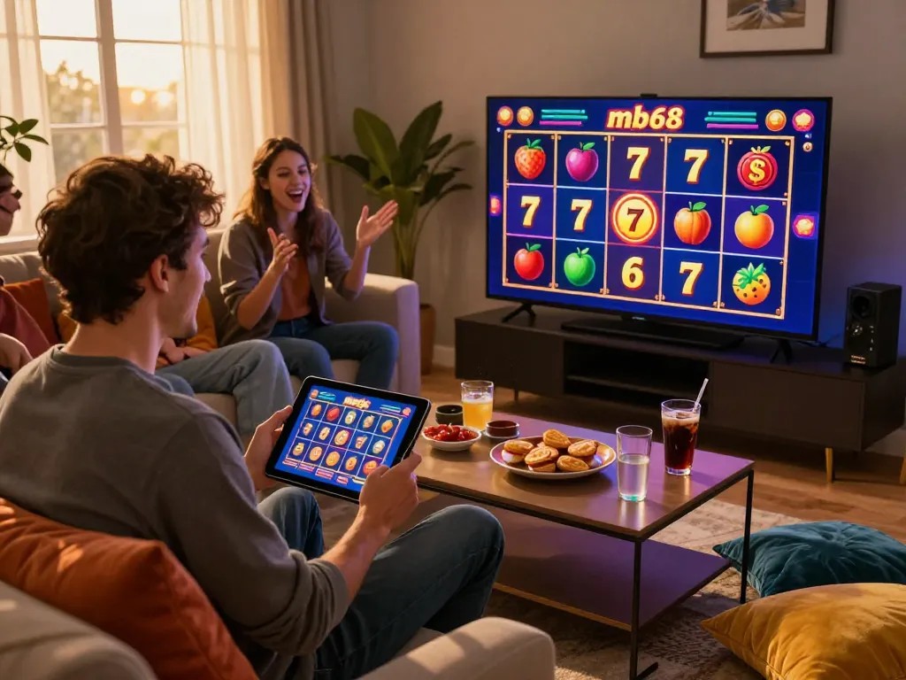 Exciting moment playing mb66 slot game on a tablet in a cozy living room environment.
