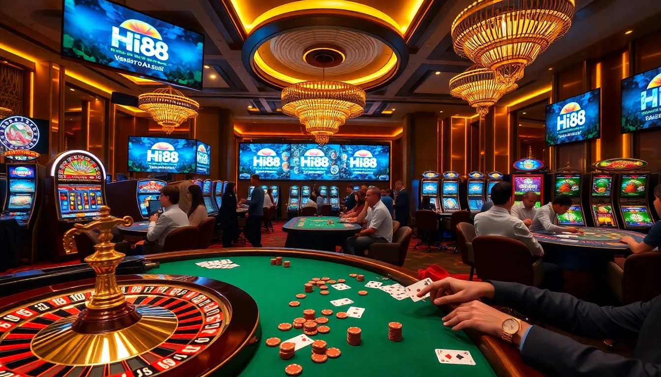 Experience thrilling gameplay at Hi88 Casino with vibrant slot machines and poker tables.