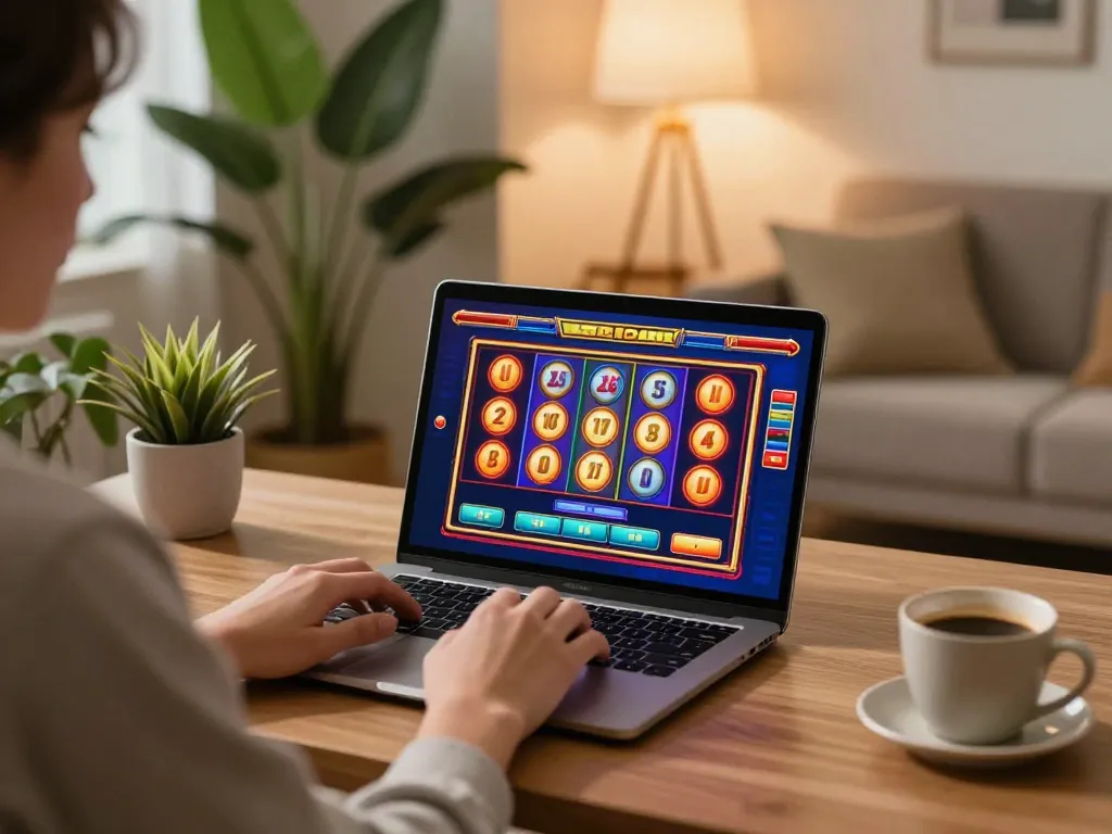 Engaged player enjoying online slots at home with 壹發娛樂 displayed on laptop screen, cozy atmosphere.