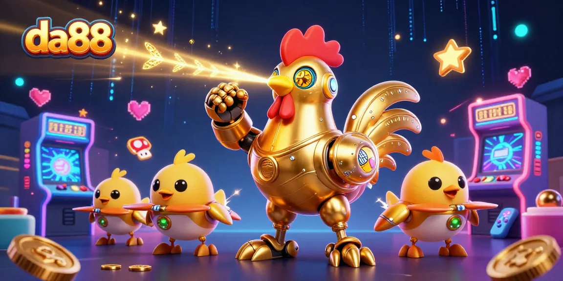 Engage with da88 in a vibrant casino scene featuring a golden robot and playful chick drones.
