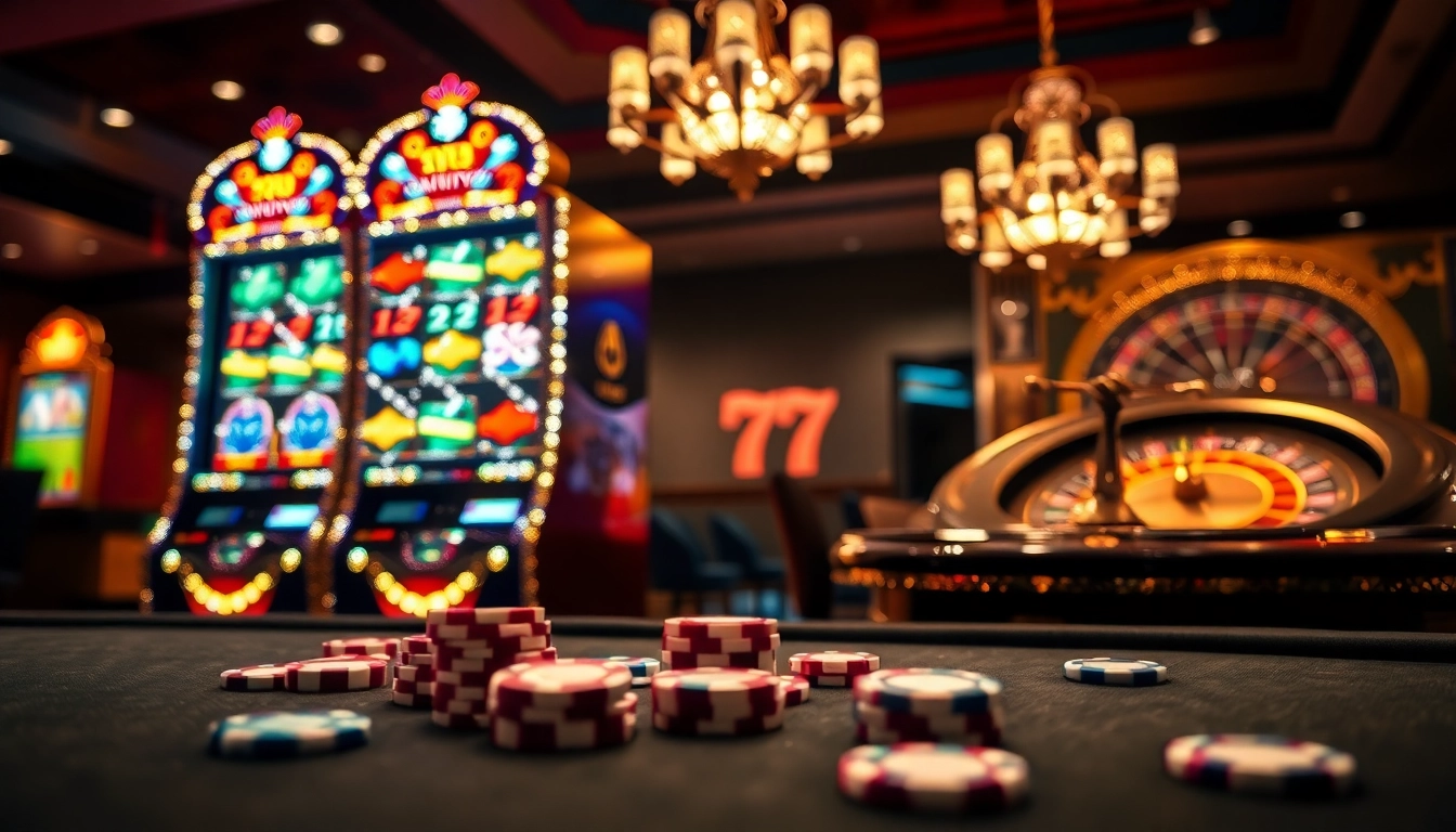 Experience the excitement of slot777 with vibrant slot machines and poker chips.