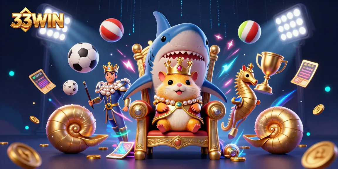 Engaging scene of 33WIN with a golden hamster king and sports elements, showcasing dynamic betting excitement.