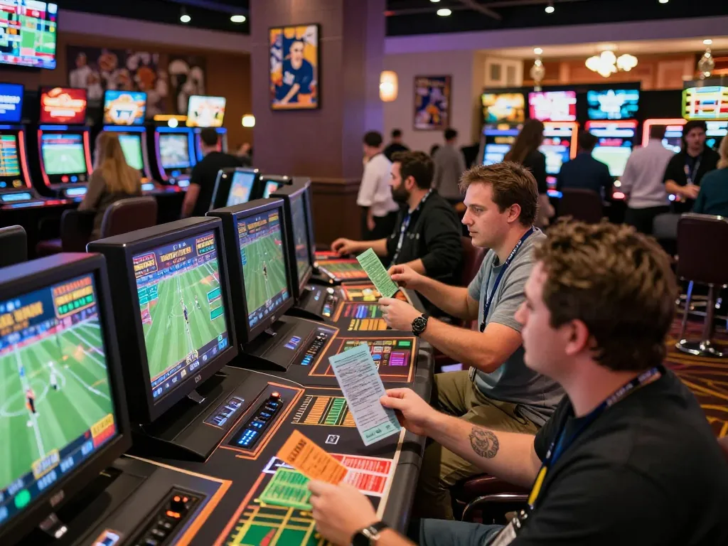 Betting on kèo bóng đá with avid sports fans at a bustling casino area, showcasing live games and excitement.