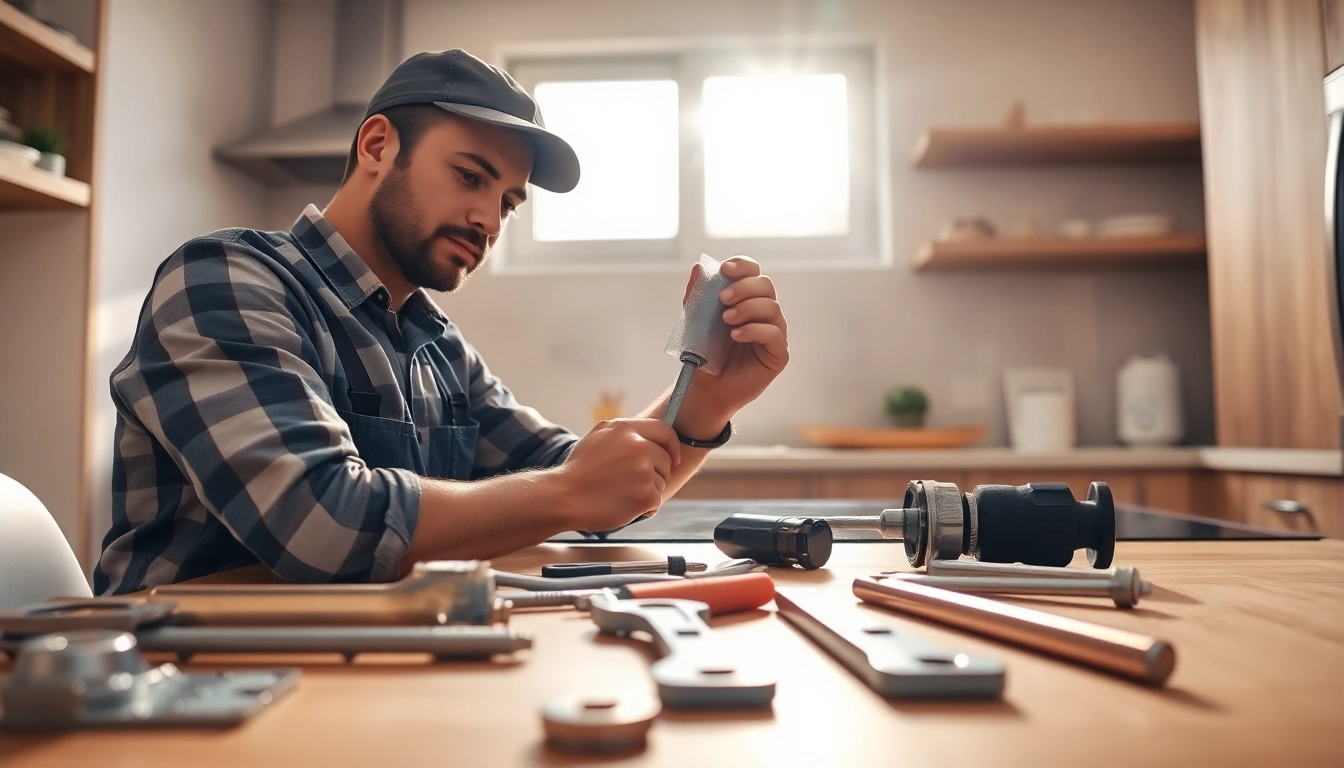 Find a reliable plumber near me fixing pipes in a bright kitchen setting.