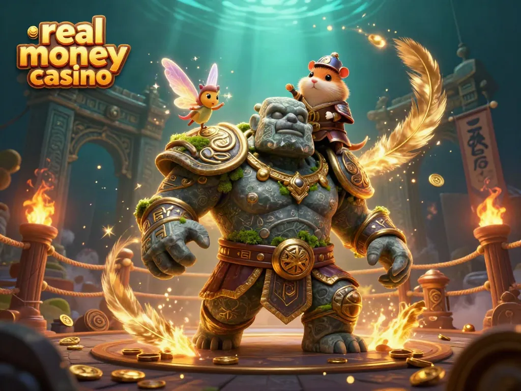 Experience the magical excitement of a real money casino with a golem guardian, fairy, and hamster knight amidst gold coins.