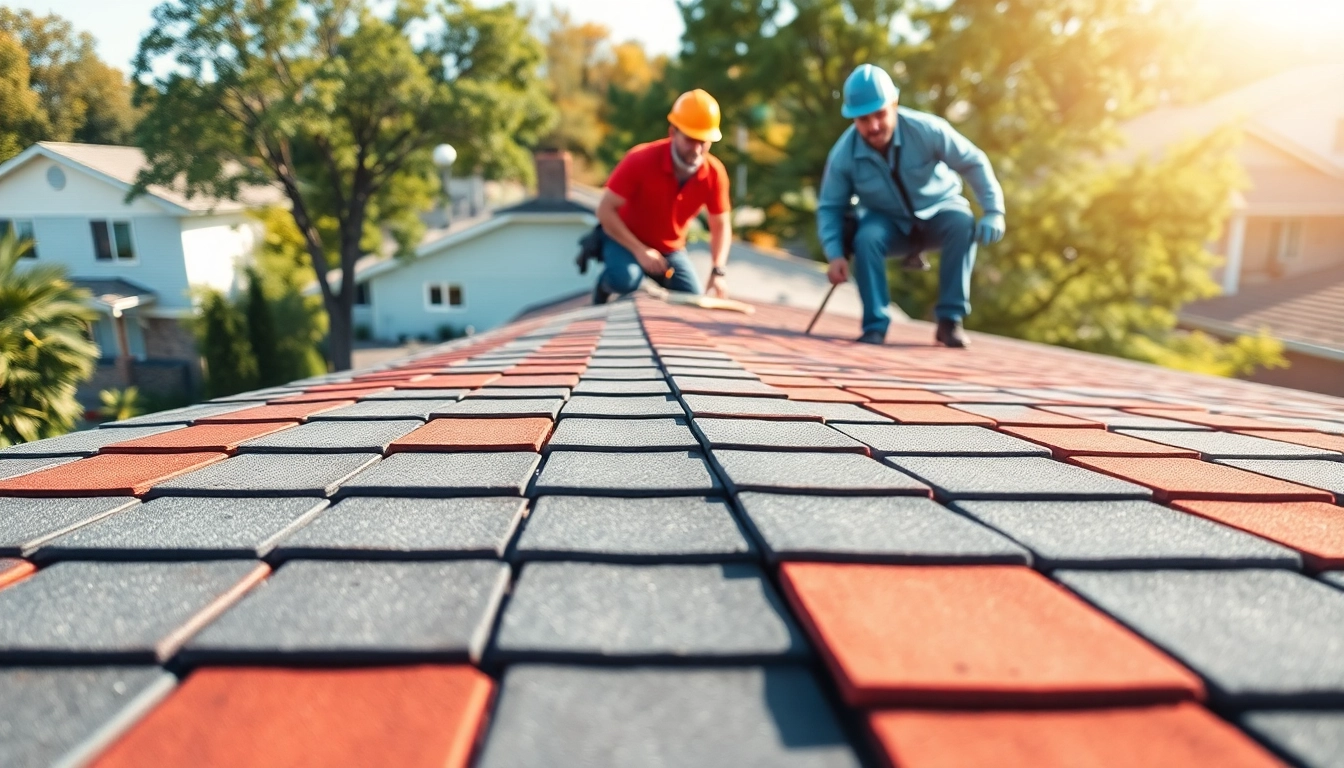 Roofing company team installing shingles on a residential house.