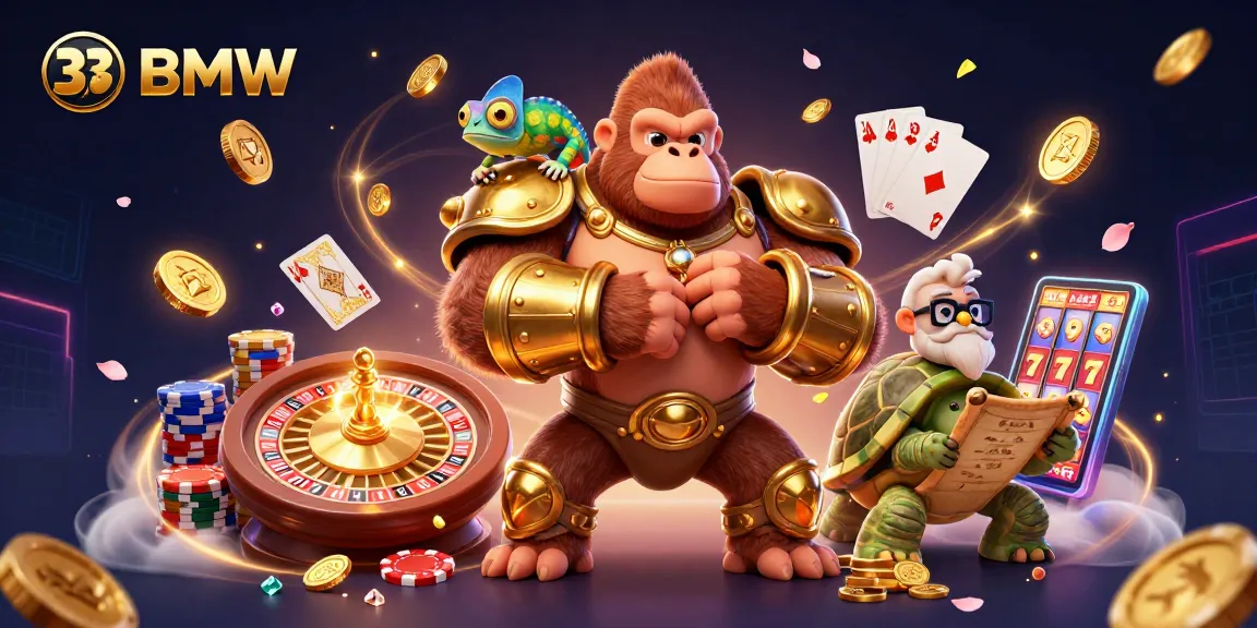Experience excitement at 33BMW with vibrant gaming characters amid cascading coins and roulette wheels.