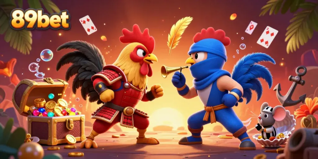 Engage in the world of 89bet with fighting roosters and dynamic casino elements in vibrant 3D.