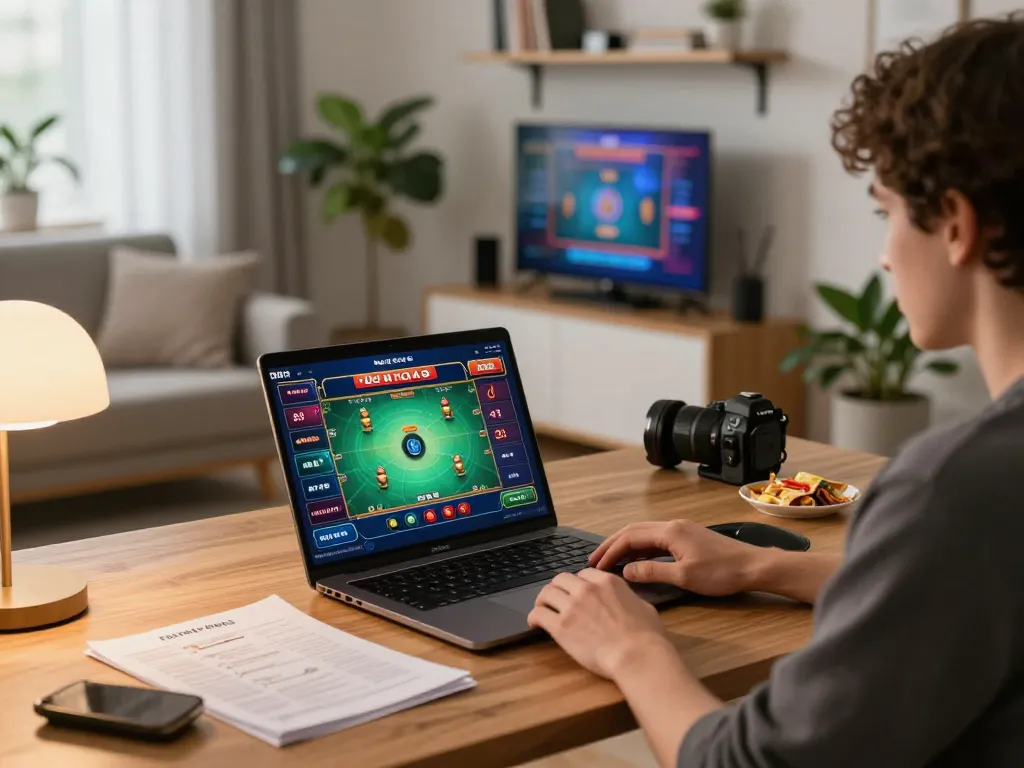 Player enjoying game bài đổi thưởng HITCLUB on laptop in cozy home setup with strategy notes and snacks.