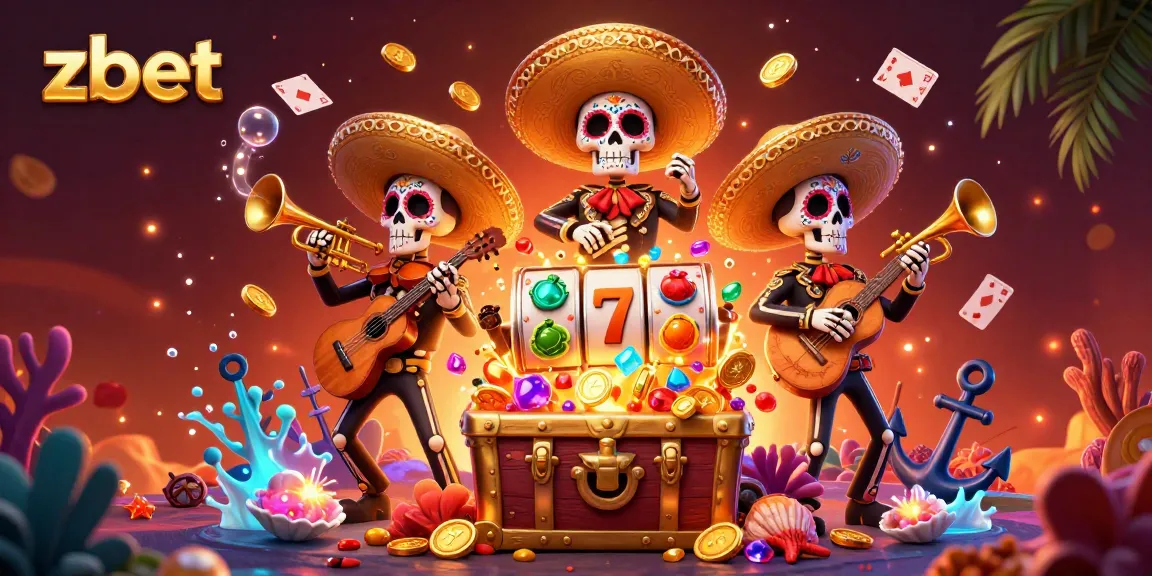 Experience exciting gaming moments with zbet in this vibrant 3D illustrative scene, featuring mariachi band and casino elements.