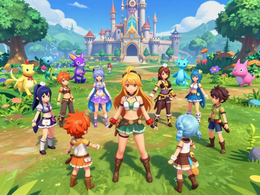 Engaging scene from a vibrant hentai game with animated characters exploring a magical landscape.