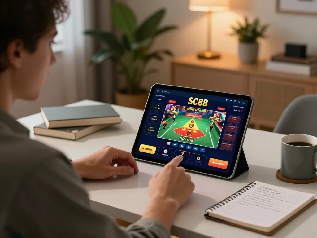 Engaging with SC88's online casino app from a cozy home office during strategic gaming session