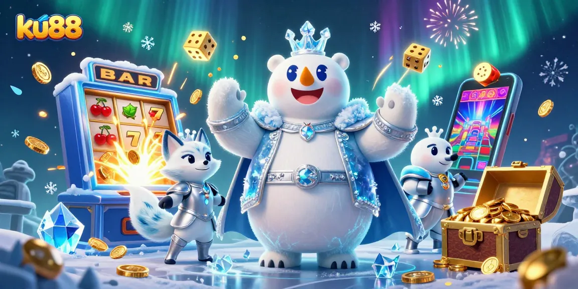 Spin to win with ku88, featuring a dazzling polar bear and captivating slot machine.