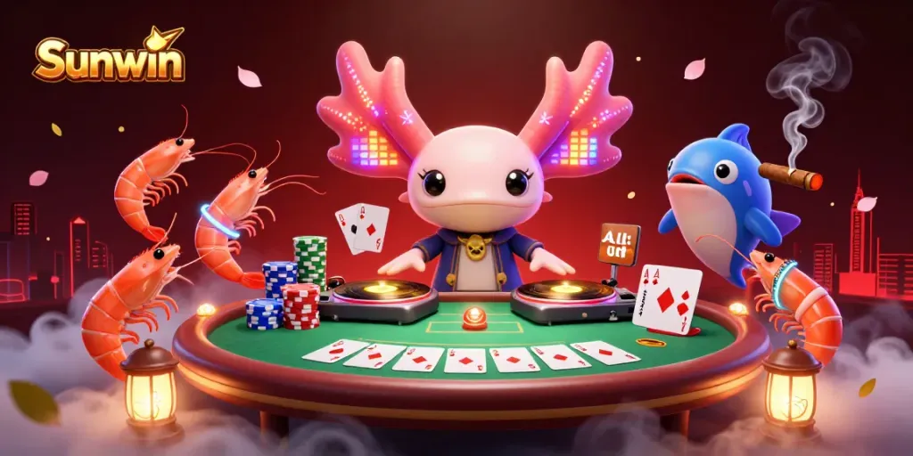 Experience the vibrant energy of Sunwin as a neon axolotl DJ spins tracks with poker elements.