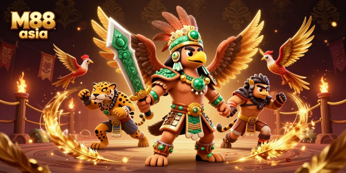 M88 asia delivers thrilling gameplay with a fighting arena scene featuring an Aztec warrior, creating a vibrant casino atmosphere.