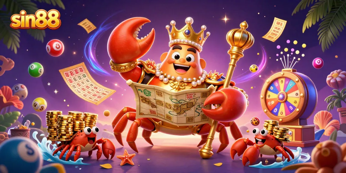 Experience exciting games at sin88 with a massive golden crab emperor surrounded by vibrant lottery elements.