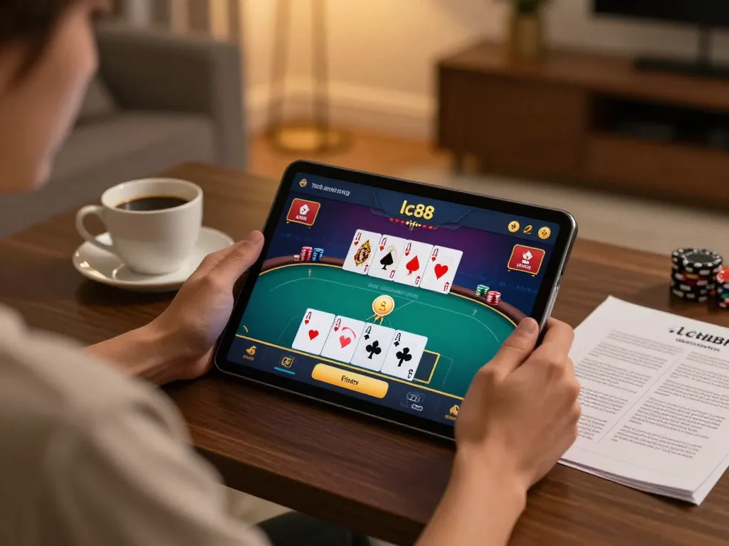 Person playing poker on lc88app tablet with strategy notes and warm lighting in cozy home.