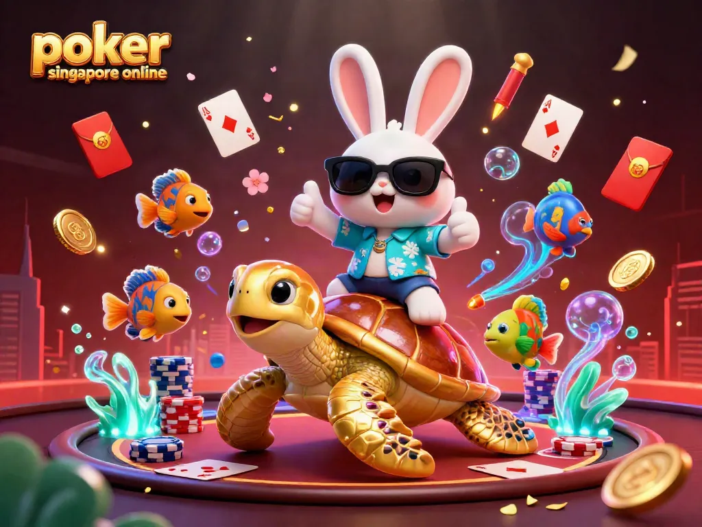 Experience the excitement of poker singapore online with a lucky rabbit and golden turtle in this vibrant scene.