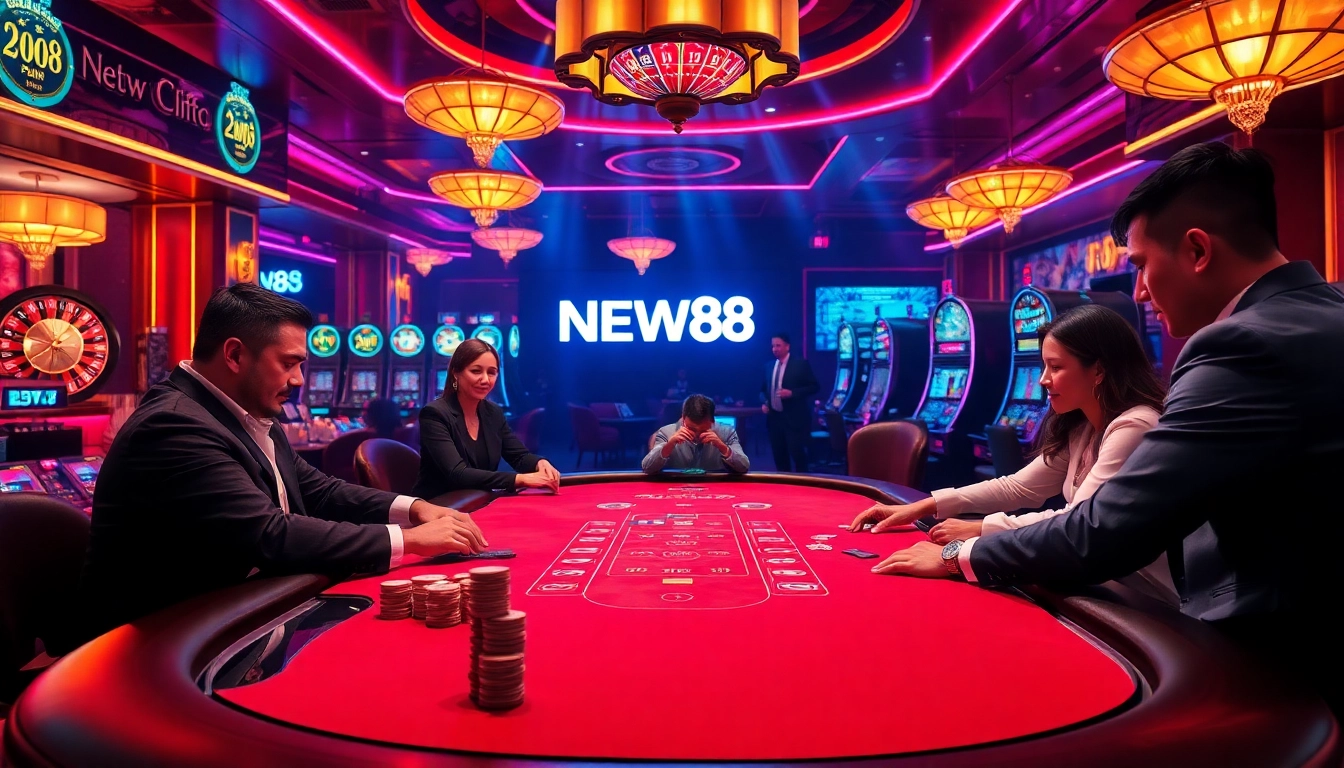 Experience the thrill of high-stakes gaming at NEW88 | https://new88.pet/ with vibrant poker tables and colorful chips.