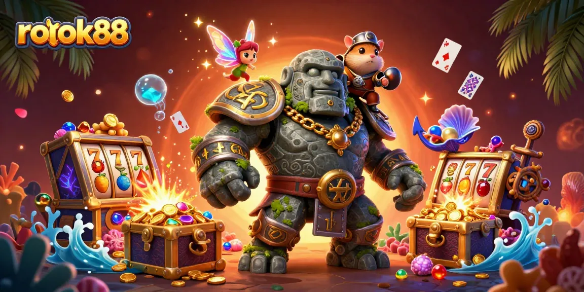 Experience the excitement of rokok88 with vibrant slots and magical characters in a dynamic casino scene.