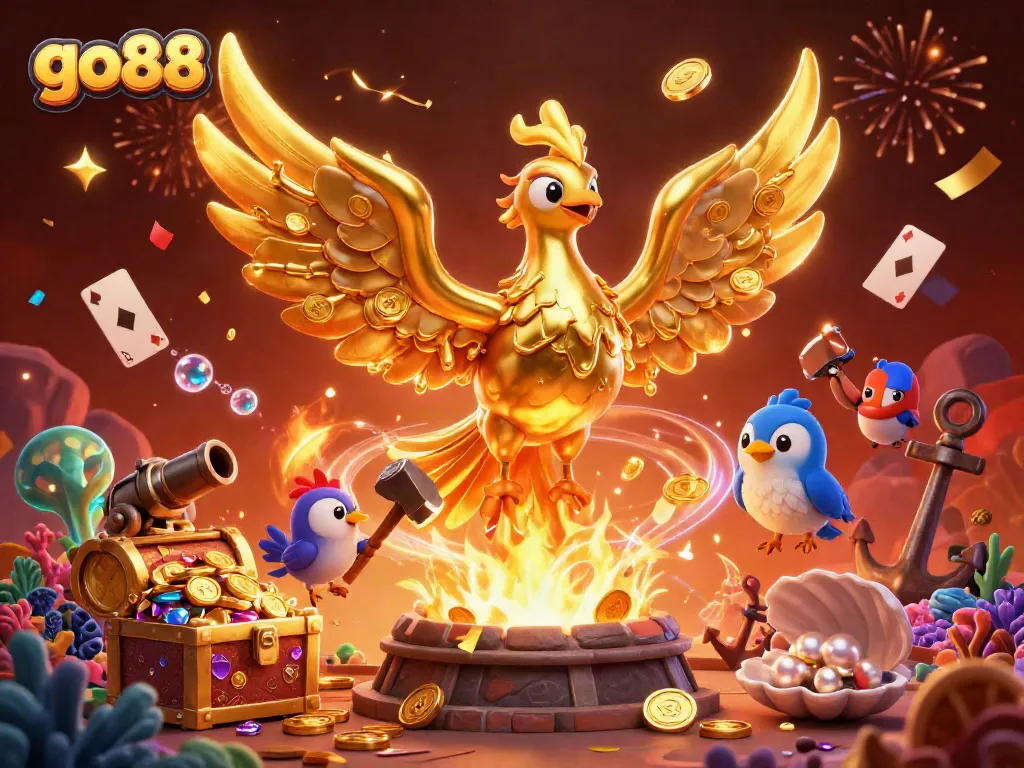 Experience the magic of go88 with a molten phoenix and underwater treasures from a dynamic casino scene.
