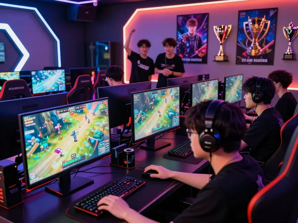 Bắn cá hubet88 gaming experience in a vibrant esports lounge with players and high-tech setups.