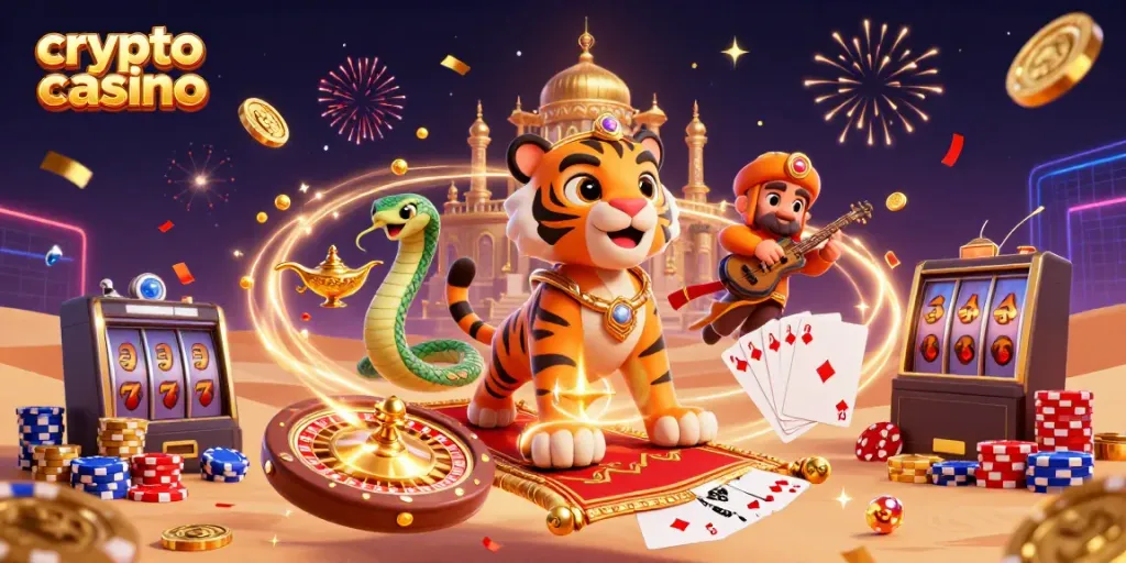 Experience the excitement of a crypto casino with vibrant, dynamic characters and gaming elements.