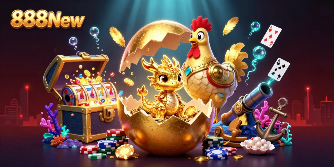Engage in immersive gaming with 888New, featuring golden dragon, poker chips, and vibrant slot elements.