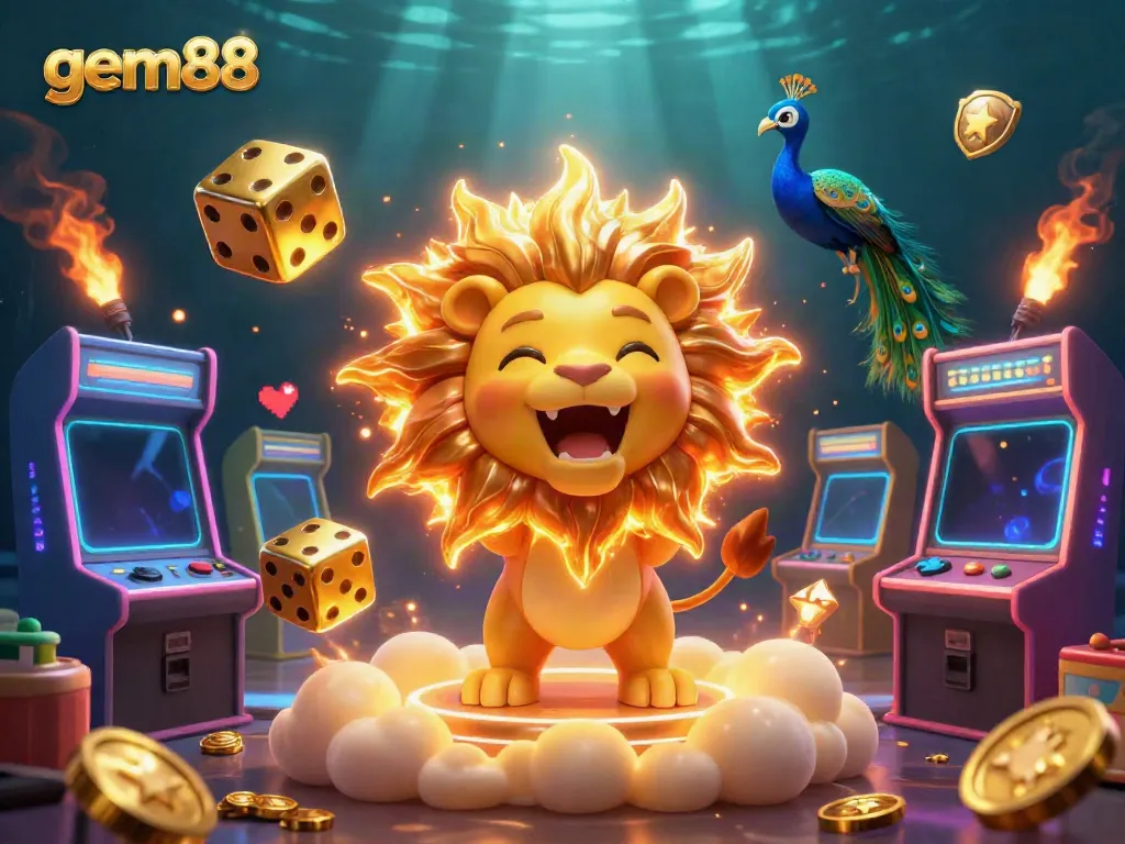 Spin and win with gem88's lively 3D casino illustration showcasing a roaring lion and dynamic game elements.