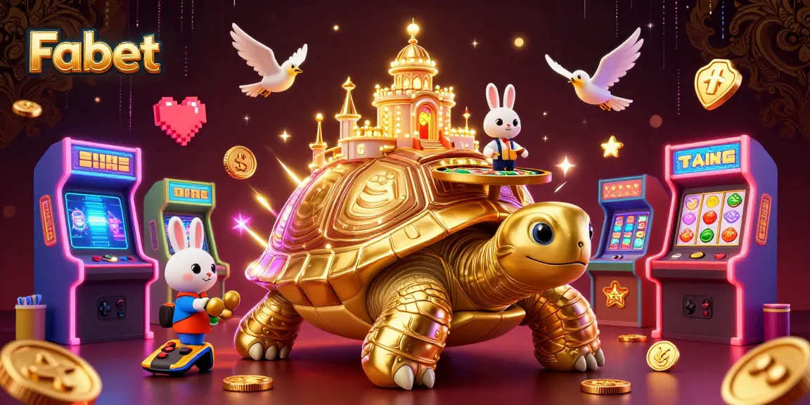 Experience the thrill of Fabet with a vibrant illustration featuring a tortoise casino, a rabbit dealer, and flying golden coins.