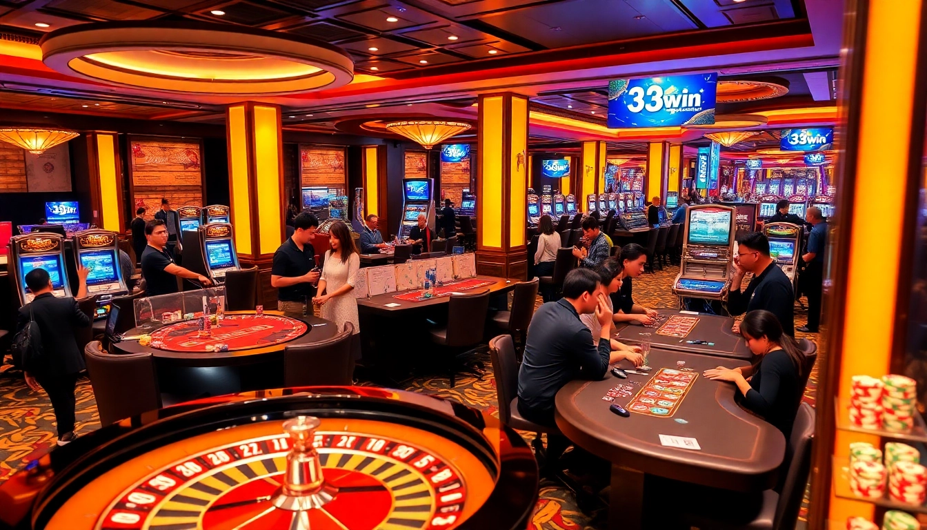 Excited players enjoying the thrills at Nhà cái 33win, featuring poker tables and roulette.