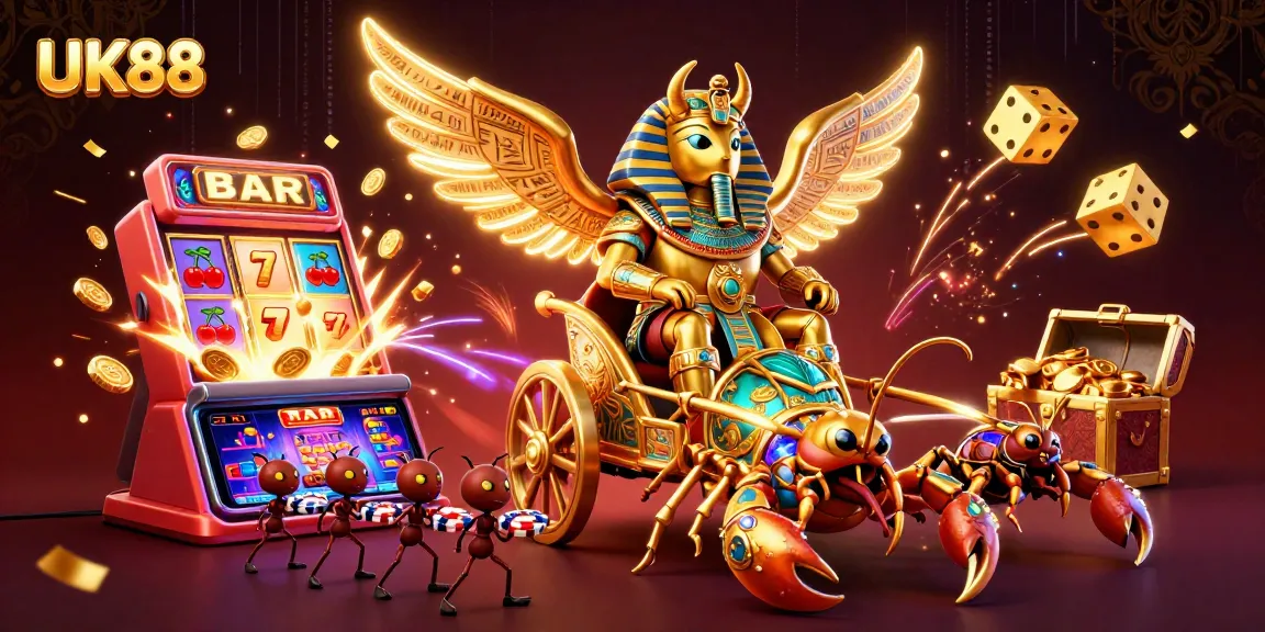 Engage UK88 players with a vibrant 3D casino scene featuring a colossal scarab and jackpot elements.
