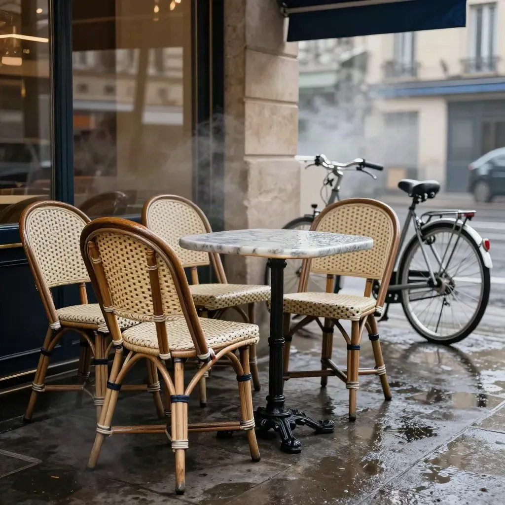 Rainy Paris café terrace with stacked chairs, a bicycle, and wet stone paving in morning light.