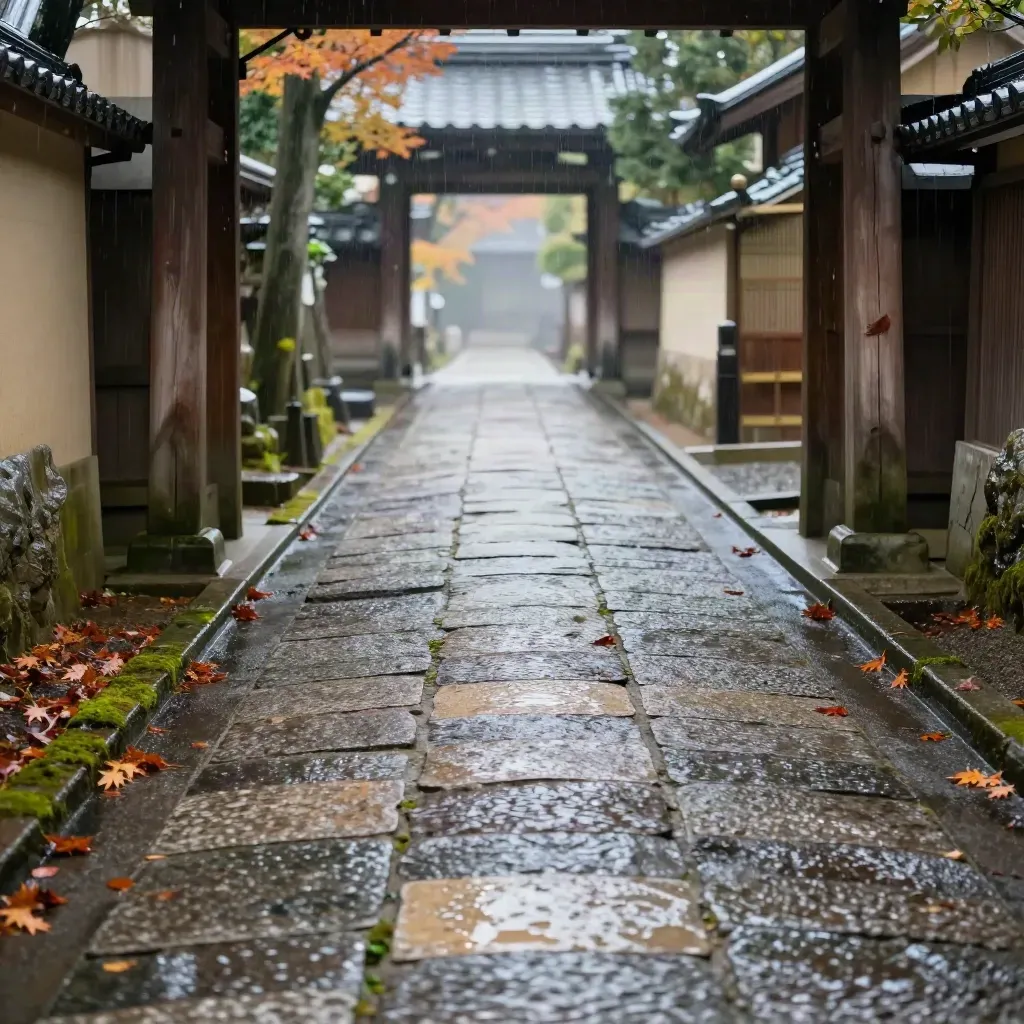 Rain-darkened Kyoto temple lane, wet stones, cedar posts, moss, and maple leaves in soft mist.
