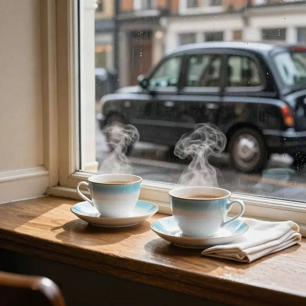 Tea room cups by a rain-streaked window, steam rising as a black cab blurs past outside.