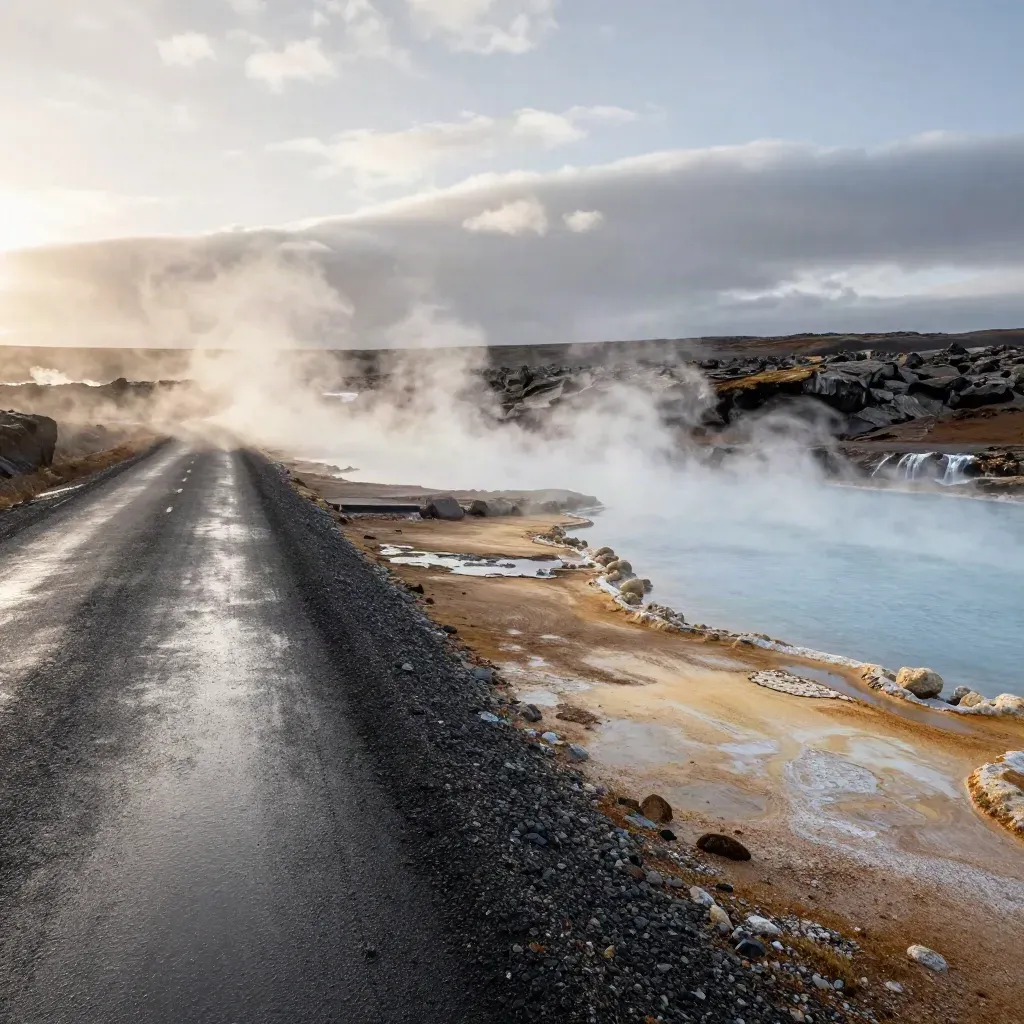 Steam drifts across an Iceland road loop beside a geothermal pool and distant waterfall.