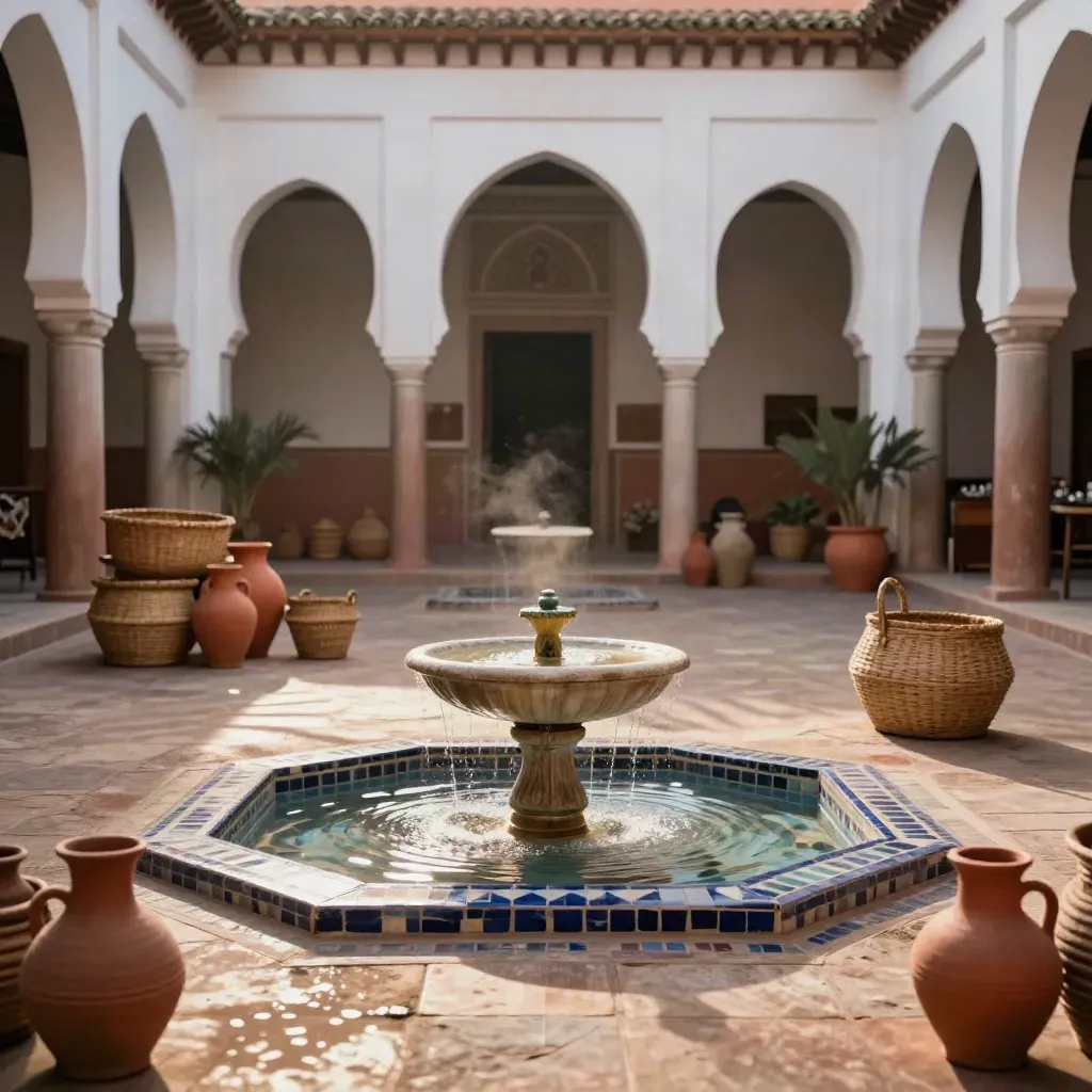 Marrakesh courtyard with fountain, baskets, clay pots and palm shadows at dawn
