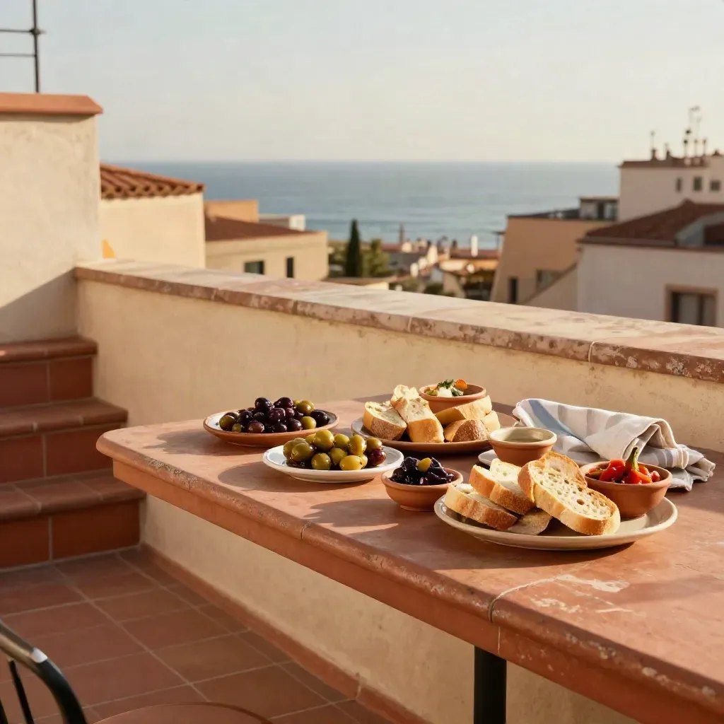 Barcelona rooftop tapas with terracotta tiles and sea views in warm late-afternoon light.