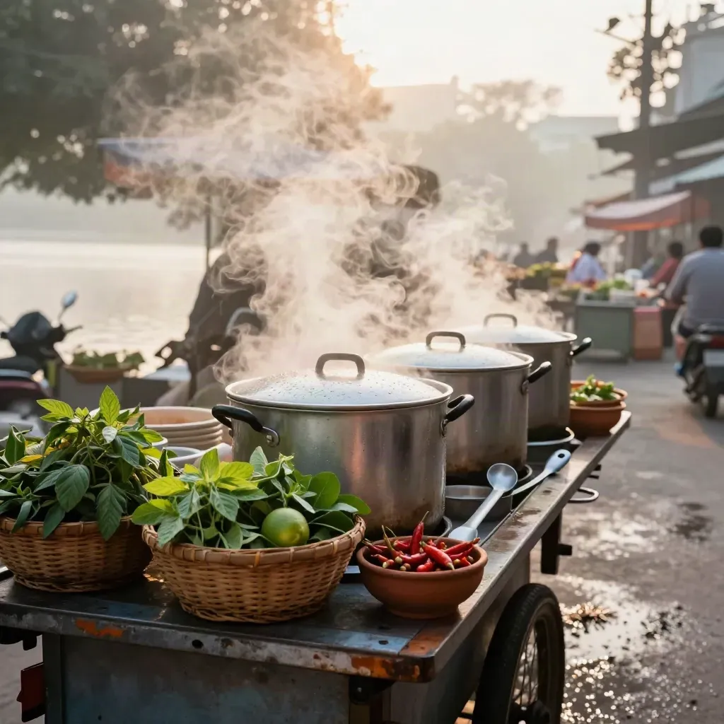 Steaming Hanoi food cart with herb baskets, chilies, wet pavement and lake mist at dawn.