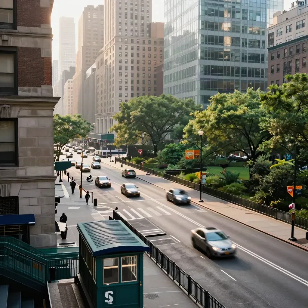 High-angle New York avenue grid with subway canopies, park edge, and motion-blurred traffic.