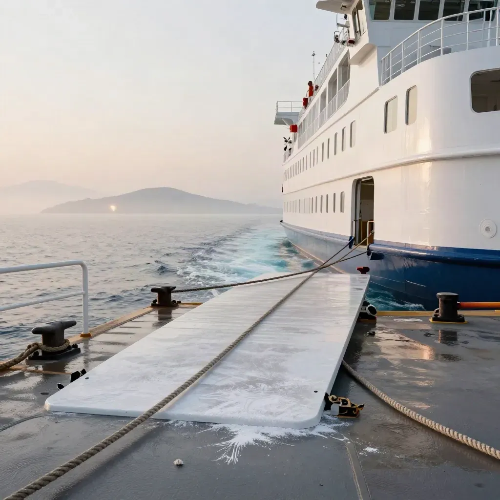 Ferry ropes and a white ramp as an Athens boat departs toward islands at first light.