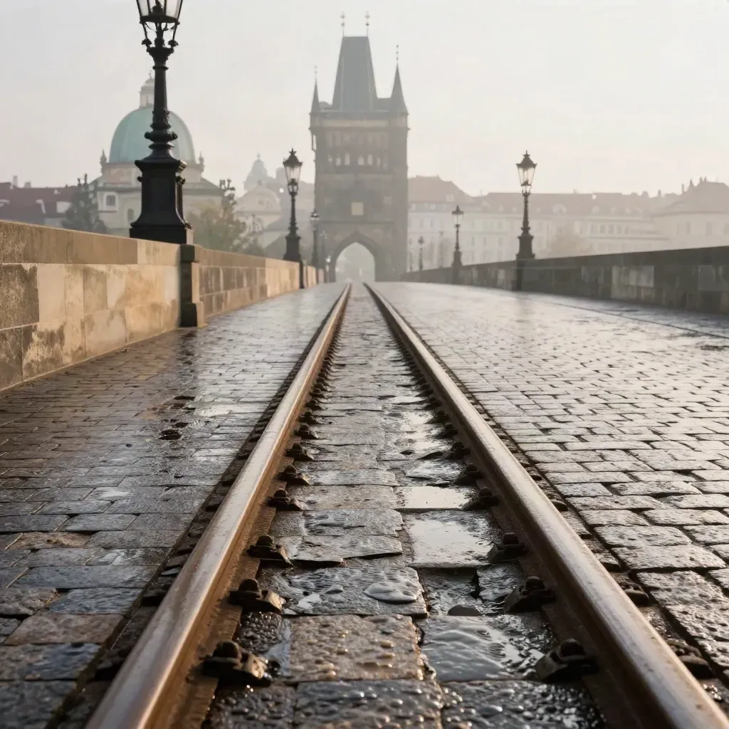Wet tram rails and stone at a misty Prague bridge approach, lamps and tower fading into fog