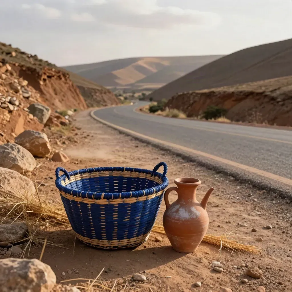 Dusty Marrakesh Atlas roadside with basket, clay jug and hills under late-afternoon light.