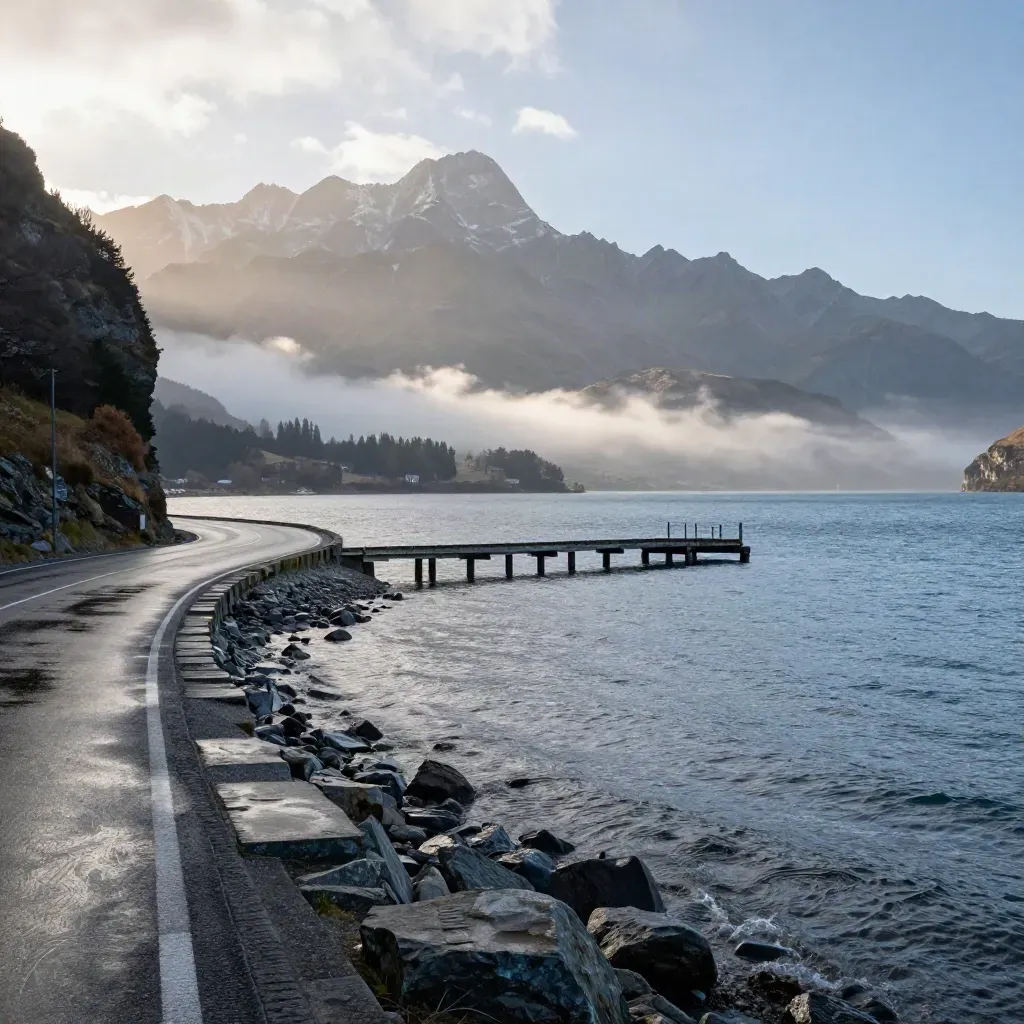 Lakefront loop at Queenstown with curving road, jetty, ripples, and alpine peaks