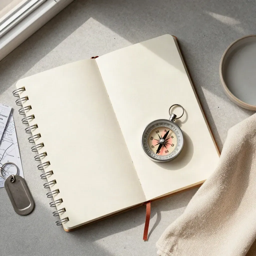Road trip flatlay with notebook, compass, key ring and cloth on pale concrete.