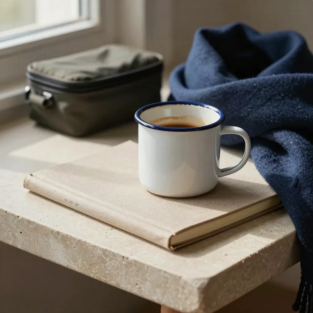 Enamel mug, closed journal and folded scarf on stone, lit by soft daylight.