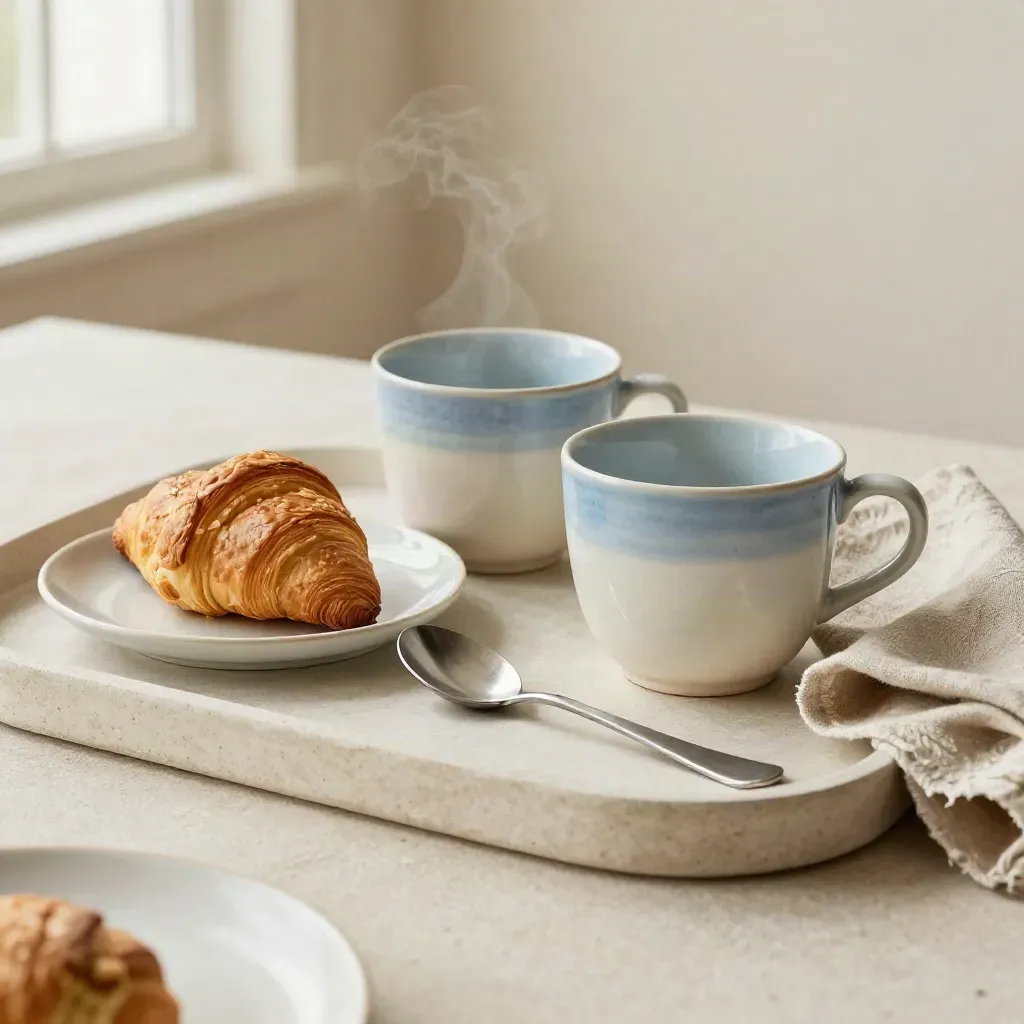 Two ceramic cups, spoons, pastry plate, and linen napkin on a pale tray
