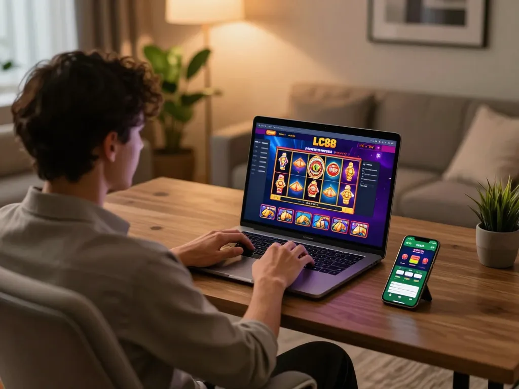 Player engaging in LC88 online casino gameplay on laptop, showcasing vibrant game interface.