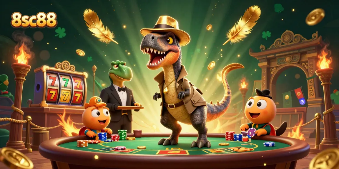 Select chips at 8sc88 with a clever velociraptor, stegosaurus pit boss, and stealthy compy in a vibrant casino setting.